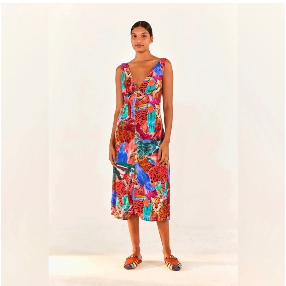 Farm Rio Anthropologie Animal Collage Midi Dress size Large NWT Vacation Boho